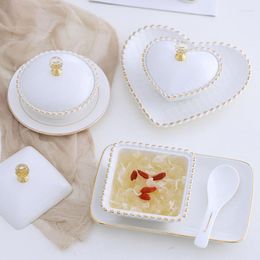 Bowls Gold Painted Bowl With Lid Tray Dessert Ceramic Stew Pot Outline In Soup Serving Heart Shape And Plates