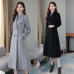 Women's Wool Blends High Quality Winter Cashmere Long Coat Vintage Autumn Plus Size Warm Thicken Woolen Black Jacket Women Party Outwears 221122