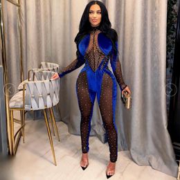 Women's Jumpsuits Rompers Felyn High Quality Design Velvet Patchwork Diamond O-neck Long Sleeve Sexy Club Bodycon 221122