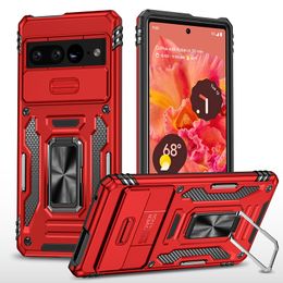 Kamerataschen für Google Pixel 8 8A 7A 7 6 Pro Armor Antishock Sliding Window Phone Protection Ring Stand Shockproof Case