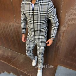 Men's Hoodies Sweatshirts Fashion Men's Tracksuit Sportswear Male Spring Autumn 3D Plaid Jacket Men's Suit Casual Clothing Man SetsPants 2 Piece Set 221122