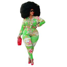Women's Plus Size Tracksuits Collect Waist Printing Plus Size Suit Women Fashion Sexy Slim Set Casual Green Two Piece Outfit Matching Clothing 221121