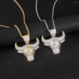 Pendant Necklaces Hip Hop Micro Paved Cubic Zirconia Iced Out Bling Bull Head Pendants Necklace For Men Rapper Jewellery Gold Silver Colour