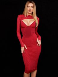 Casual Dresses Hugcitar Solid Red Khaki Long Sleeve O Neck Hollow Out Maxi Evening Dress Fall Bodycon Party Elegant Streetwear Vestidos 221121