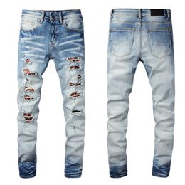 Men's Jeans Fashion street personality torn patch denim casual trousers cotton youth light blue skinny jeans