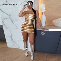 Casual Dresses ANJAMANOR Tube Top Backless Bodycon for Women Sexy Clubbing Outfits Metallic Gold Silver Strapless Mini Dress D48 DC36 221121