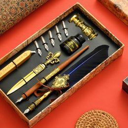 Fountain Pens Vintage Quill Feather Dip Pen Writing Ink 5 Nibs Seal Wax Gift Box Calligraphy Stationery School Supplies 221122