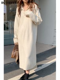 Casual Dresses BGTEEVER Thicken Warm Loose Sweater Women Autumn Winter Lapel Full Sleeve Solid Long Knitted Female vestidos 221121