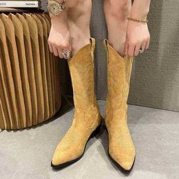 Designer Boots Hbp Knee Length Women's 2022 Autumn and Winter New Pointed Embroidered Western Cowboy High Tube Thick Heel Knight 220725
