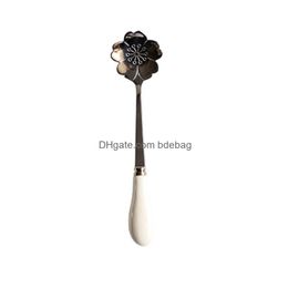 Spoons Creative Flower Spoons White Ceramics Handle Scoop Dessert Spoon Gold Plated Coffee Stir 2 7Qd Uu Drop Delivery Home Garden K Dhvkx