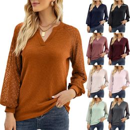 Women's T Shirts Women's Autumn T-shirt Waffle Grey Splice Long Sleeve Hollow Lace Solid Colour V-Neck Multiple Colours Camisetas Dama