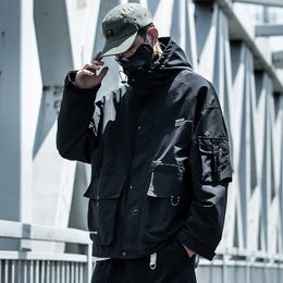 Men's Leather Faux HOUZHOU Techwear Black Cargo Jacket Men Safari Style Hoodies Coat Hooded Zip up Hoodie Korean Streetwear Hip Hop Autumn 221122