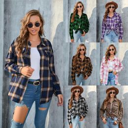 Women's T Shirts 2022 Autumn And Winter Plus Size Women's Clothing Long-Sleeved Plaid Button Shirt Uniform Colour Top Coat