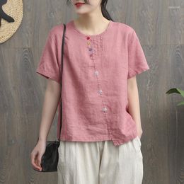 Women's T Shirts Cotton And Linen Top Women's Summer Literary Leisure Loose Large Size Embroidery Short-sleeved T-shirt