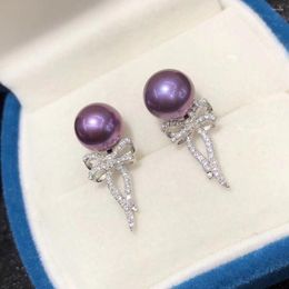 Stud Earrings D614 Pearl Fine Jewelry 925 Sterling Silver Round 7-8mm Nature Fresh Water Purple Pearls For Women