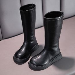 Boots Girls High Kids Fashion Chic Solid Black Uniform Party Shoes Back Zip Winter Warm Breathable Low Heels Children 221122