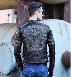 Men's Leather Faux .Brand skull cowhide coat.Cool black slim genuine leather jacket Rider cloth.Chaqueta de cuero esqueleto 221122