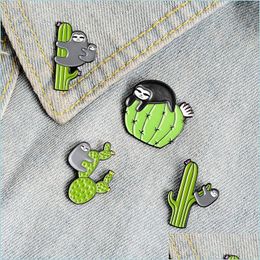 Pins Brooches Cute Bradypod Sloth Play Cactus Brooch Pins Enamel Animal Lapel Pin For Women Men Top Dress Co Fashion Jewelry Drop De Dhunh