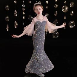 Sequined Flower Dresses Appliques See Through Sleeves Ruffles Tulle Pageant Dress For Girls Long Mermaid Wedding Clothes 403