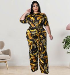 Women's Plus Size Tracksuits Perl Vintage Printed Jumpsuit for Women Fashion Wide Led Rompers Plus Size Summer Outfit Casual Bandage Overall streetwear 5XL 221121