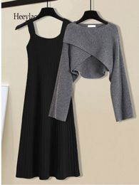 Two Piece Dress Fall Winter Knitted Pieces Set s Outfits Korean Casual Irregular Long Sleeve Short Sweaters And Knitting Dresses 221122