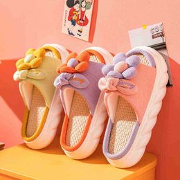 Summer Cartoon Flower Linen Slippers Women Thick Soles Indoor Home Cloth Art Home Pair Floor Cotton Men Shoes Sandals J220716