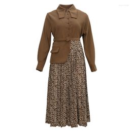 Casual Dresses PERHAPS U Women Black Brown Turn Dwon Collar Floral Print Long Sleeve Pocket Sash Midi Mid-calf Shirt Dress Elegant Autumn