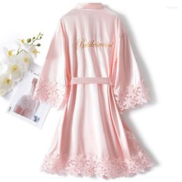 Women's Sleepwear Embroidery Letter Lace Bride Bridesmaid Wedding Robe 2022 Satin Kimono Bathrobe Gown Women Lingerie Nightwear Home Clothes