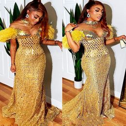 Arabic Aso Ebi Gold Mermaid Prom Dresses Crystals Beaded Evening Formal Party Second Reception Birthday Engagement Gowns Dress