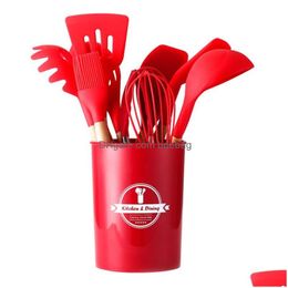 Cooking Utensils 12Pcs Cooking Utensils Set Kitchen Tools Wooden Handle Sile Spoon Shovel Storage Bucket Kitchenware Suit Mti Colour Dhfqo