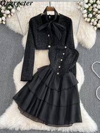 Two Piece Dress Vintage Black Tweed Set Women Oufits sweet Sexy Tube Top Slim Puffy Cropped Coat 2 Sets 221122