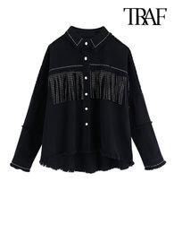 Women's Jackets TRAF Women Stylish Tassel Beaded Oversized Denim Jacket Coat Vintage Fashion Long Sleeve Frayed Trim Outerwear Chic Loose Tops 221122