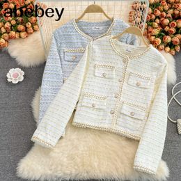 Womens Jackets Spring Autumn Vintage Oneck long sleeve Cardigan Coat hit Colour stripe patchwork single breasted short tweed Jacket 221122