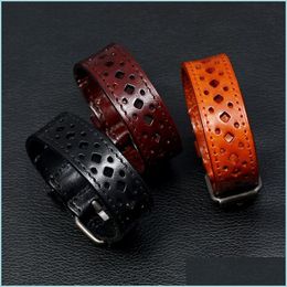 Bangle Diamond Hollow Genuine Leather Bangle Cuff Pin Buckle Adjustable Bracelet Wristand For Men Women Fashion Jewellery Drop Deliver Dh852