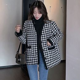 Women's Jackets Korean Style Loose Tweed Jacket Women Chic Blend Wool Houndstooth Coat Ladies Spring single breasted Outwear With Pockets 221122