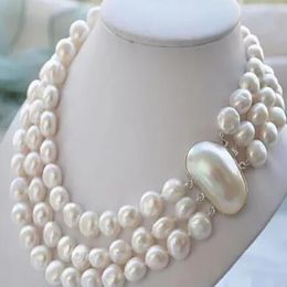 Jewelry 3ROW 8-9 mm BAROQUE WHITE FRESHWATER PEARL NECKLACE MABE