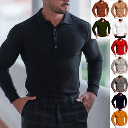 Men Running Sports Fitness T Shirt Clothes Summer High Elastic Vertical Strip Long-sleeved Lapel Shirt Slim Tops