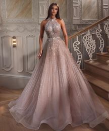 Princess Halter Prom Dresses Sequins Beading High Neck Party Dresses A Line Sleeveless Custom Made Evening Dress