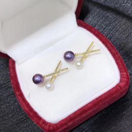 Stud Earrings D801 Pearl Fine Jewelry 925 Sterling Silver Round 7-8mm Nature Fresh Water Purple Pearls For Women