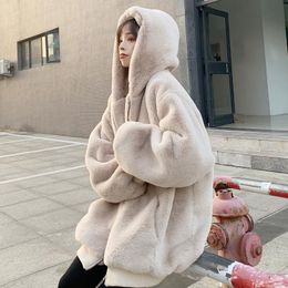 Womens Jackets Plush jacket women winter imitation Rex rabbit fur grass midlength large size loose thick hooded ins 221122