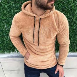 Hoodies Casual Solid Hooded Men's Long Sleeve Autumn Winter Warm Pocket Loose Sweatshirt Plush Fleece Oversized Tops Y2211