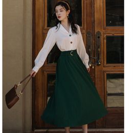 Two Piece Dress French Retro Fashion Temperament Suit Set Summer Puff Sleeve White Shirt Black Vintage Skirt 221122