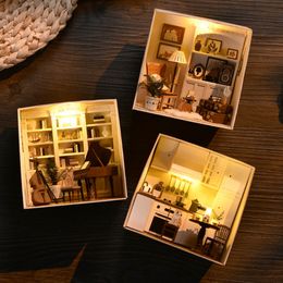 Doll House Accessories DIY Assemble Mini house 3D Wooden Miniature Furniture with LED Lights Casa Toy Kids Children Birthday Gifts 221122