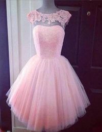 2016 fofo curto formal vestidos de baile rosa pesco￧o alto veja atrav￩s de meninas juniores baratas vestidos de festa de formatura baile de regresso a casa
