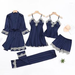 Home Clothing 2022 5PCS Pajamas Set Female Sleepwear Kimono Bathrobe Gown Satin Nightwear Casual Lace Patchwork Nightgown Homewear