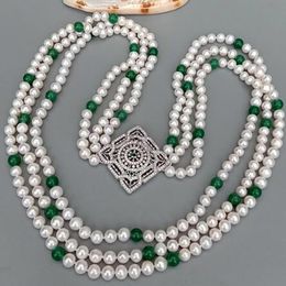 3 Strands Freshwater Cultured White Pearl Green Jade Cz Pave Pendant Necklace lady jewelry 32" -34"