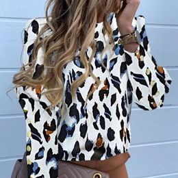 QNPQYX New Metal Buttons Women Blouse Long Sleeve Office Lady Shirts Casual Leopard Print Tops Oversized Casual Loose Blouses