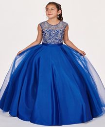 Modest Royal Blue Girls Pageant Dresses 2022 Pesco￧o puro Vestidos de cetim de cetim de cetim Bi￧o de festas de baile de lantejoulas para crian￧as Girl8172225