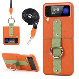 Genuine Matte Leather Phone Case for Samsung Galaxy Z Flip3 5G Crossbody Chain Durable Sturdy Bracket Protective Shell Shockproof with