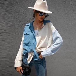 Women's Blouses Women Tops And Loose Casual Shirts Turn Down Collar 2022 Long Sleeve Patchwork Blue Write Oversize Female